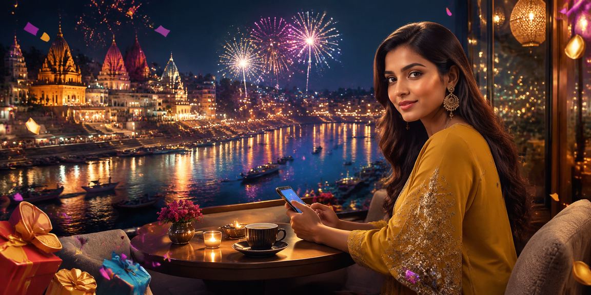 Peaceful evening scene at Varanasi Ghat with digital casino app